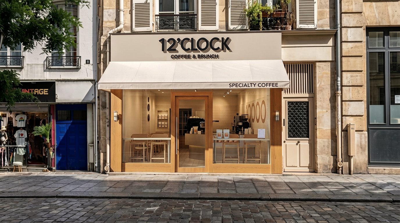 12'CLOCK Coffee & Brunch storefront by day with an illuminated sign and open sliding glass doors