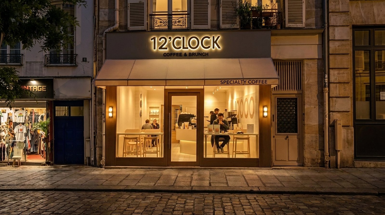 12'CLOCK Coffee & Brunch storefront at night, glowing awning sign above a wood-framed glass entrance