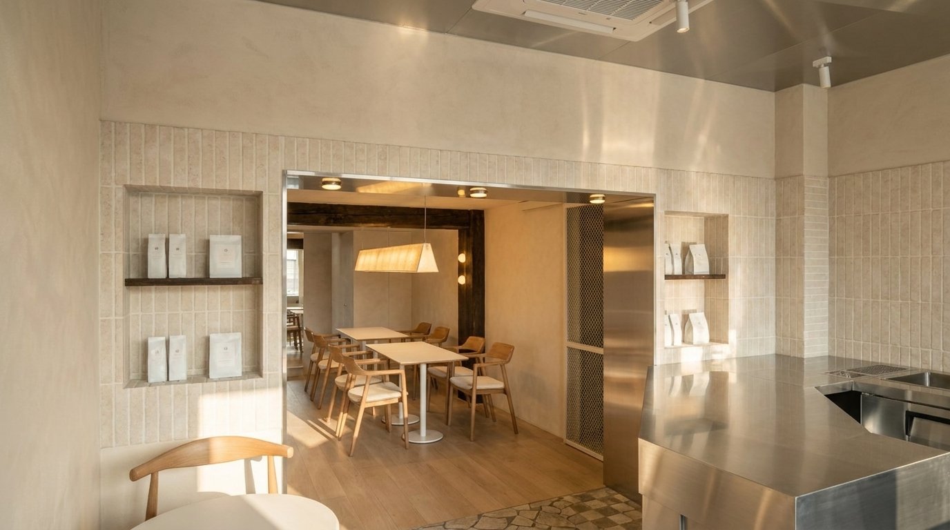 View through the kitchen doorway into a dining nook with shelving and pendant lighting