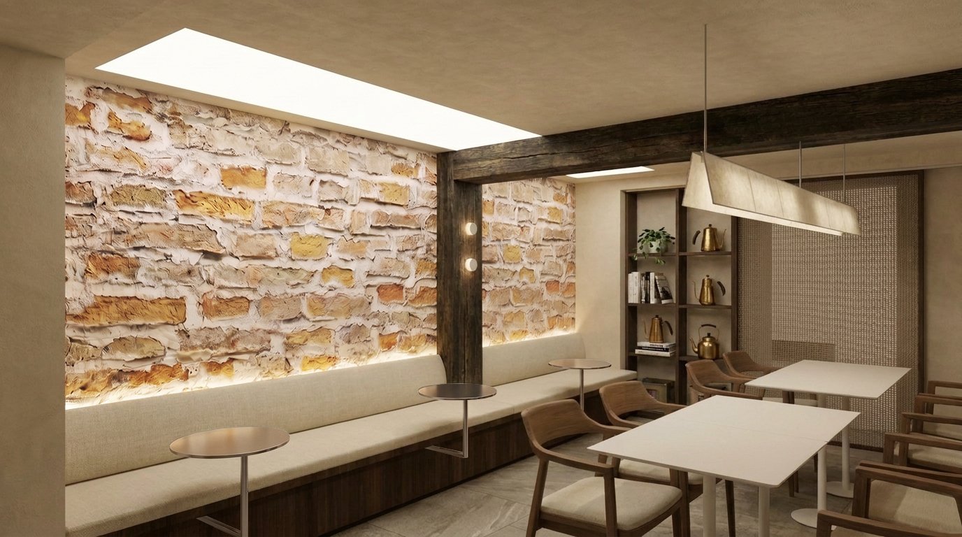 Lounge seating along a brick-accent wall beneath a skylight, with round side tables and a sculptural pendant