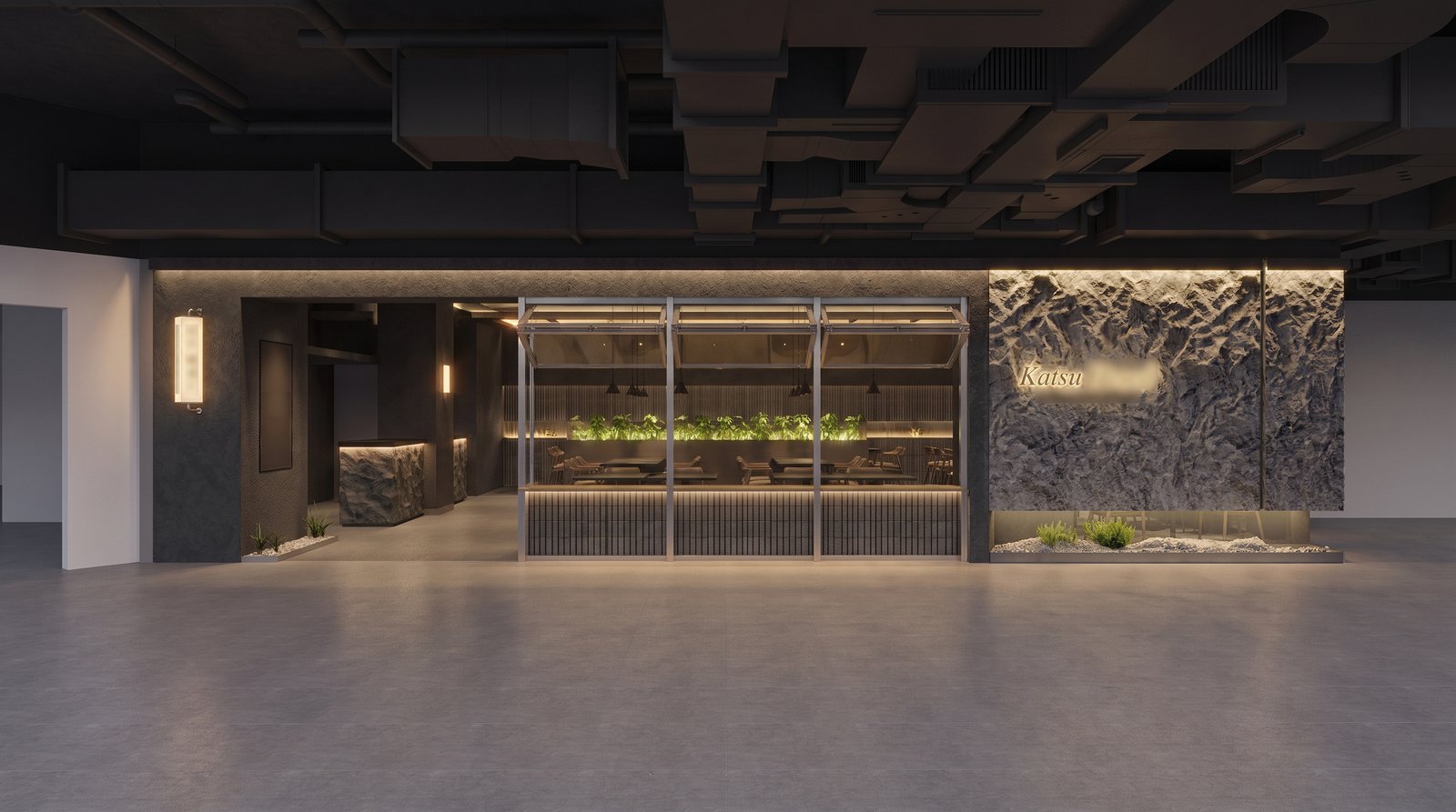 Katsu Restaurant storefront exterior straight-on at dusk, illuminated stone signage wall beside the glass-paneled dining room