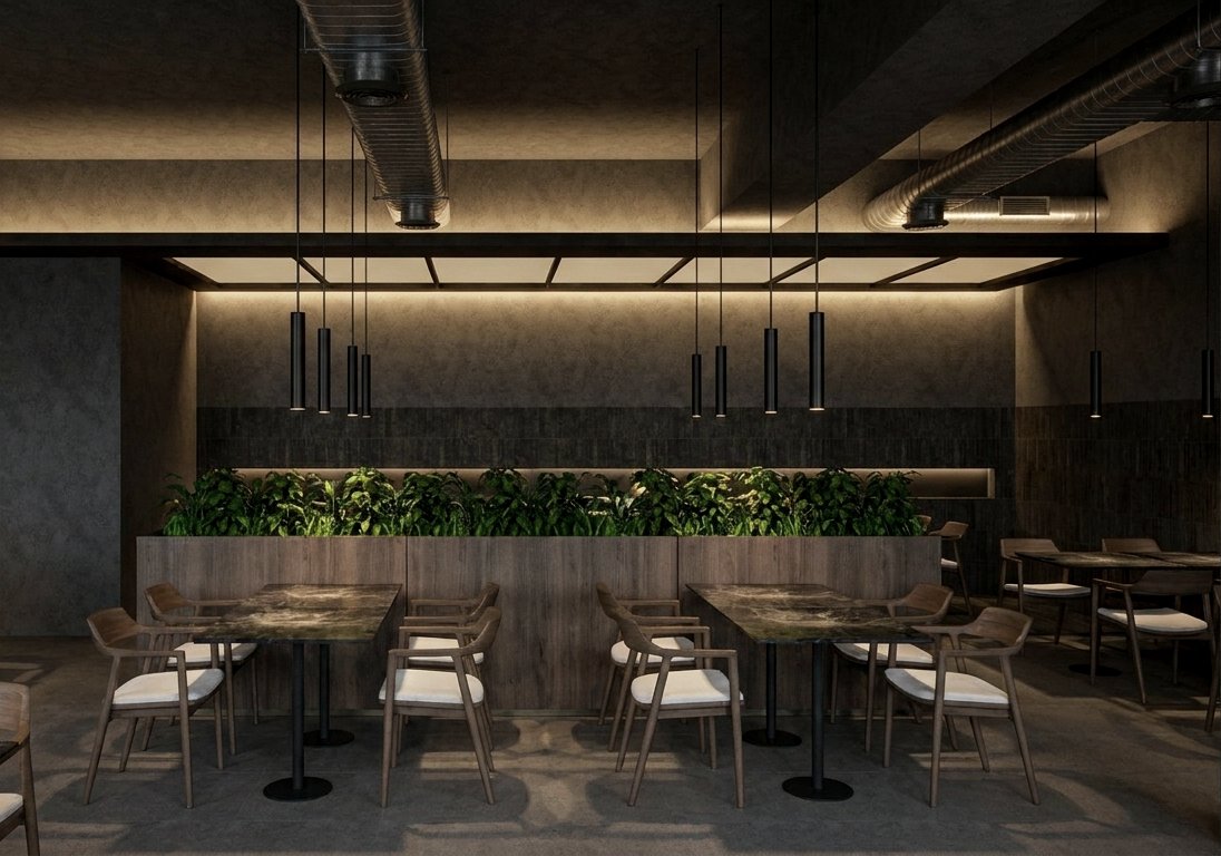 Interior dining area with wood tables, cane-back chairs, and a planted greenery divider beneath pendant lighting