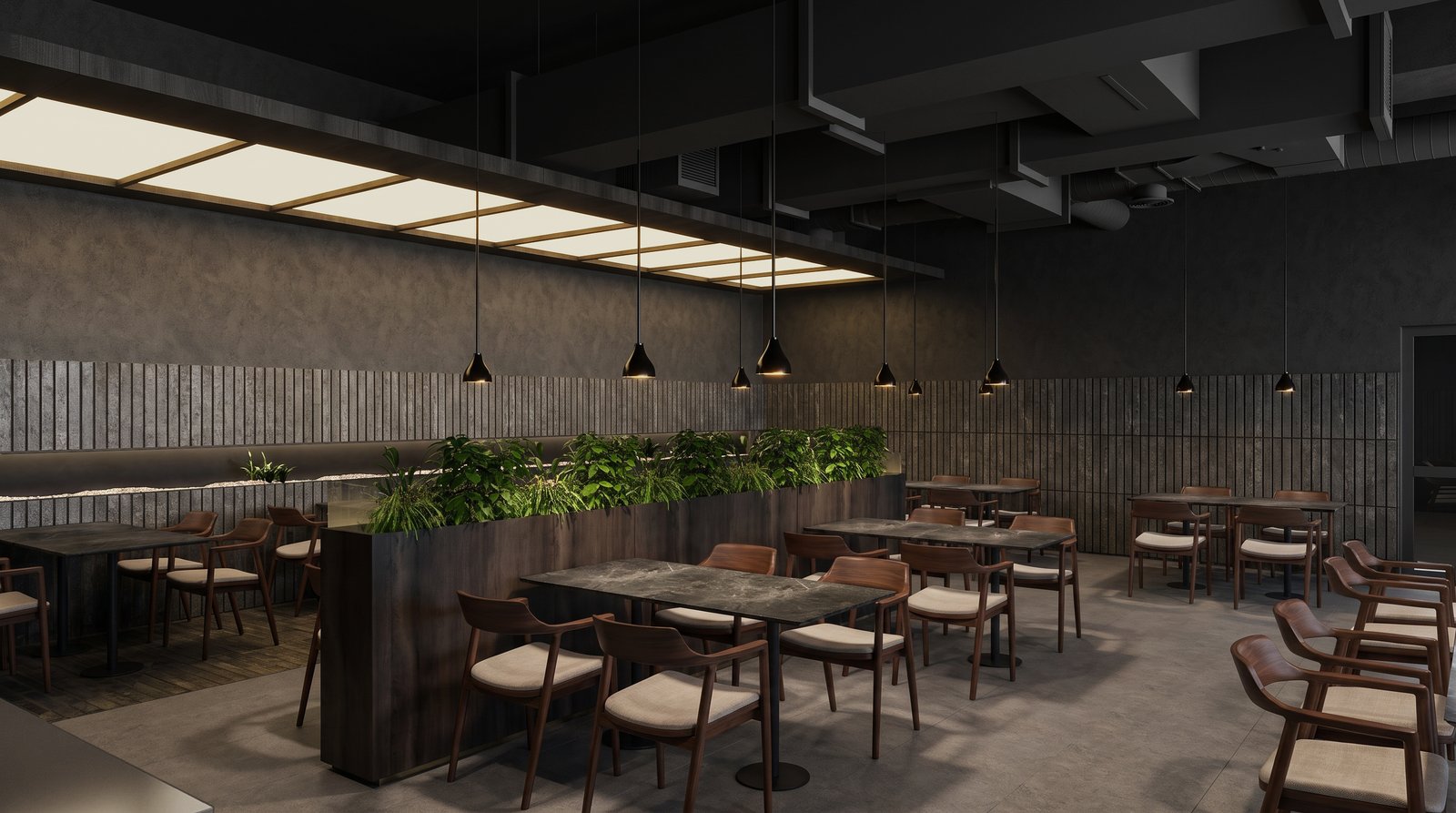 Wide dining room view with marble-top tables, wood chairs, and a live-edge wood plant divider beneath a backlit wood ceiling panel