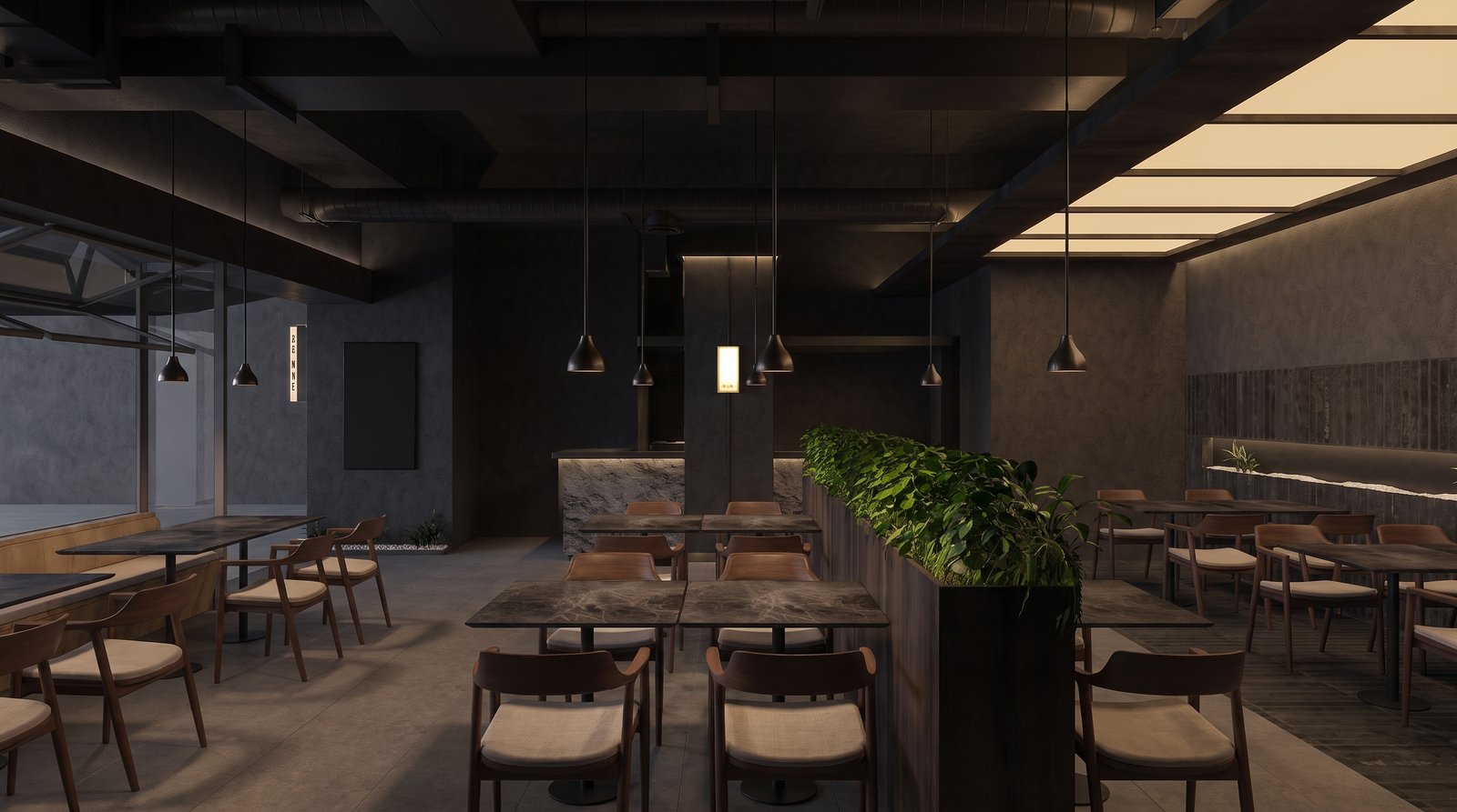 Dining room view toward the entrance with a stone bar counter, greenery divider, and glass storefront