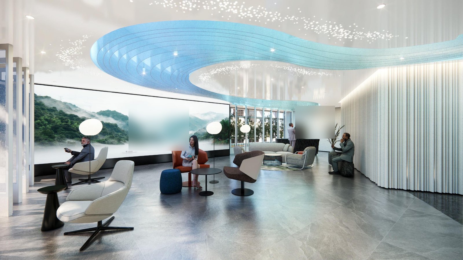 Lounge seating beneath a swirling blue ceiling feature beside a green digital media wall