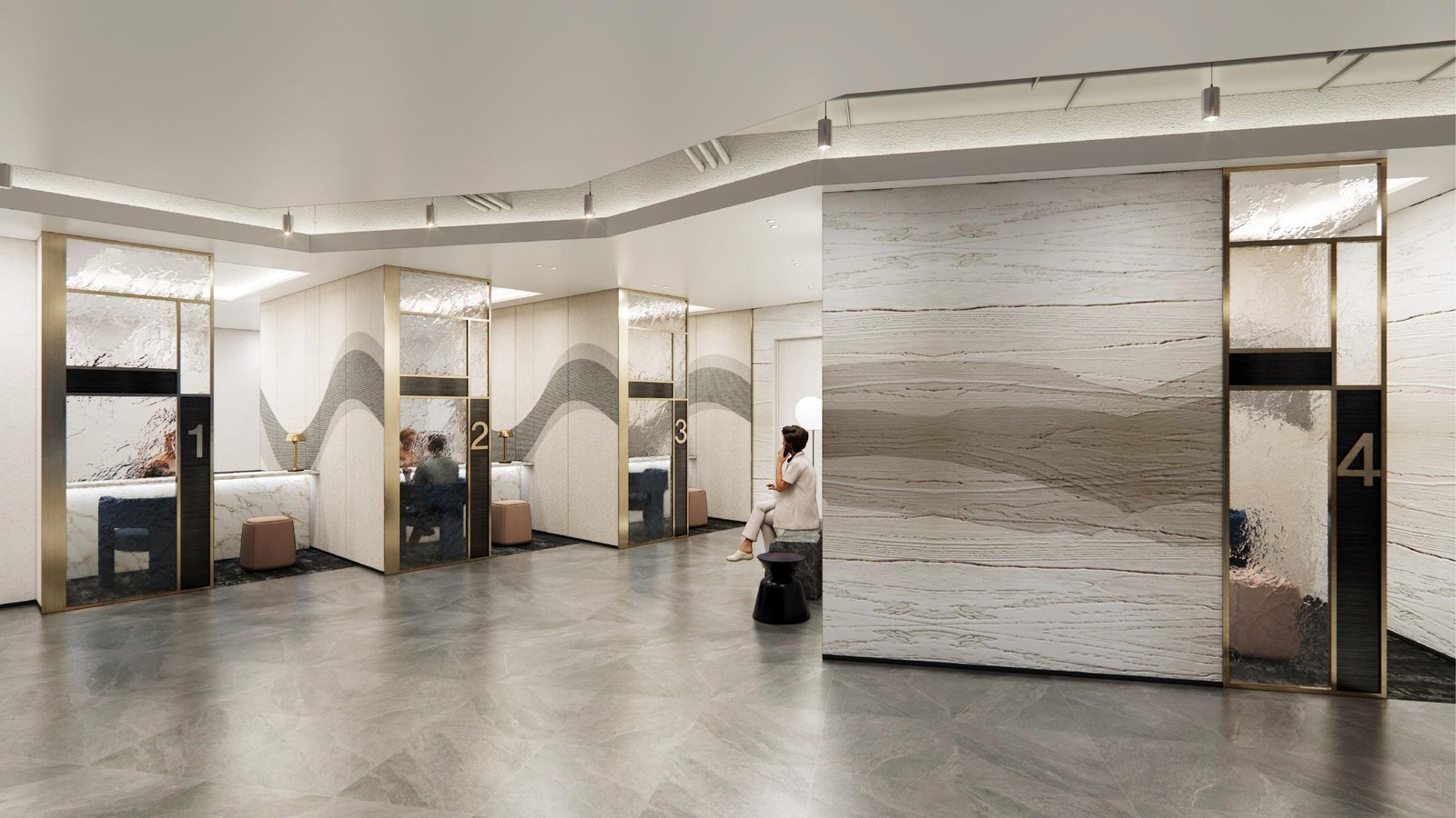 Corridor of four numbered private consulting rooms with marble and brass detailing