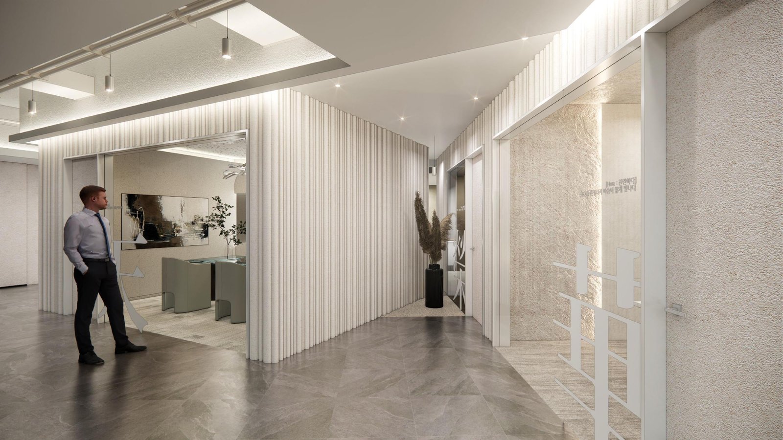 Corridor with textured plaster walls and Korean calligraphy signage