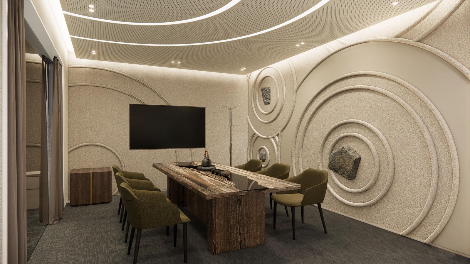 Tea ceremony room with a circular carved plaster wall and reclaimed wood table