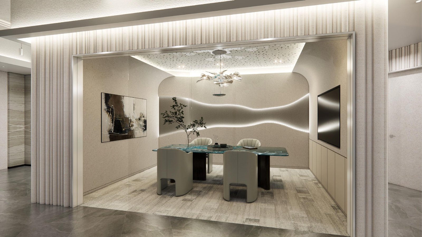 Private dining room with a round table and sculptural pendant light