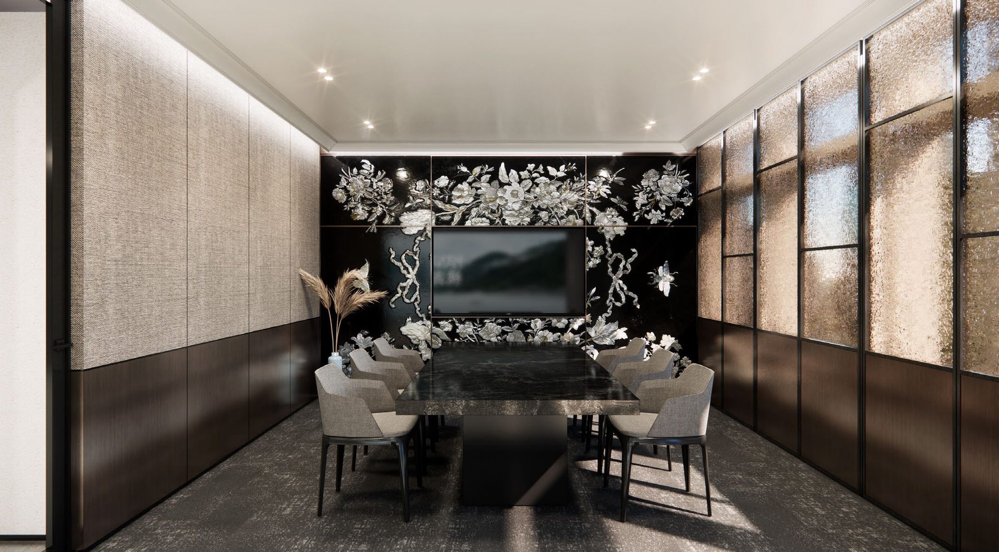 Reception area with sculptural dark wall art