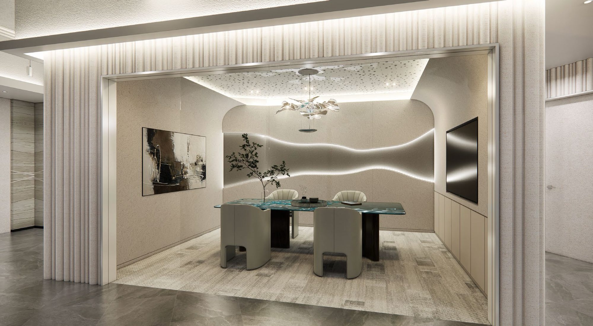 Finished reception area with sculptural dark feature wall
