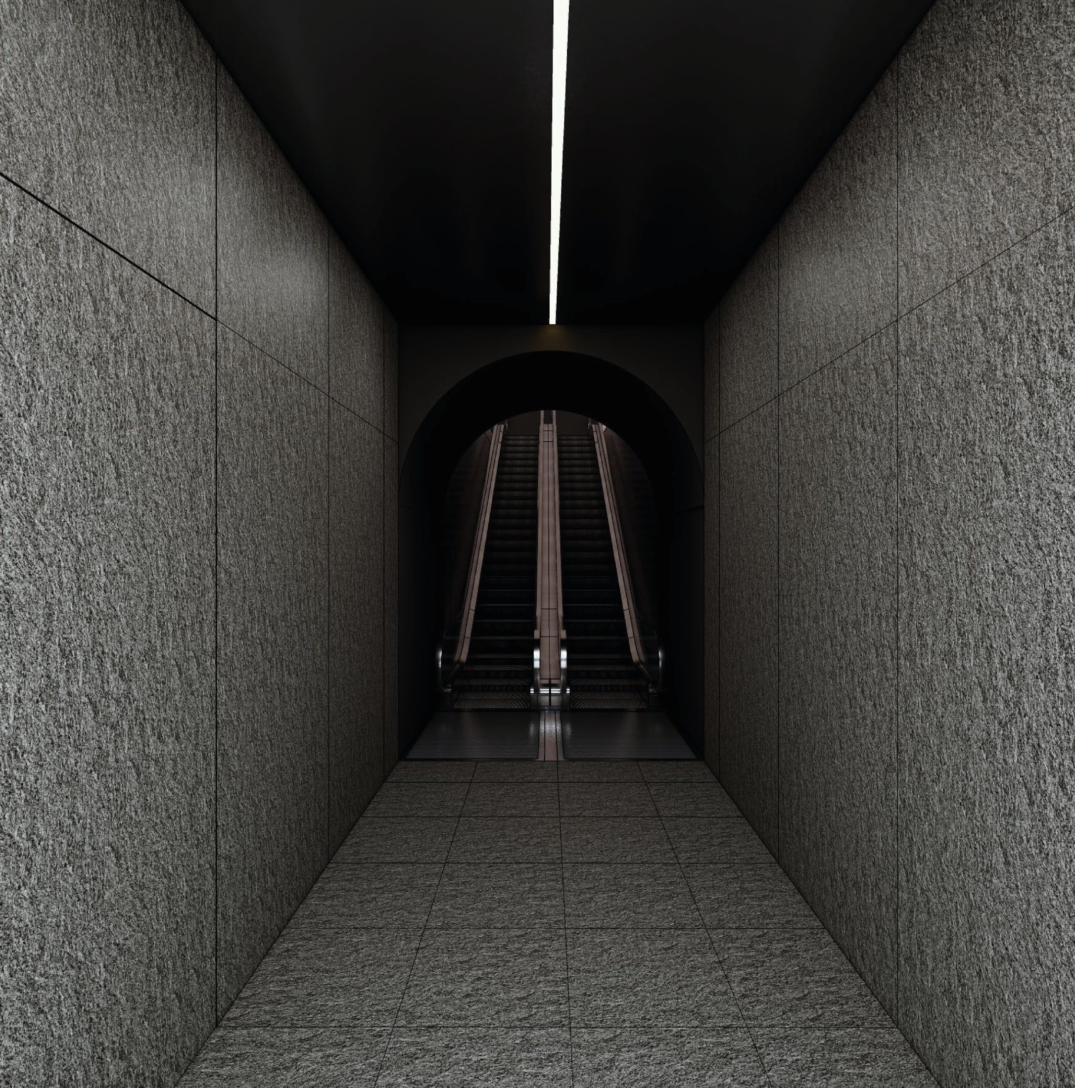 Escalator passage under a night-sky media wall