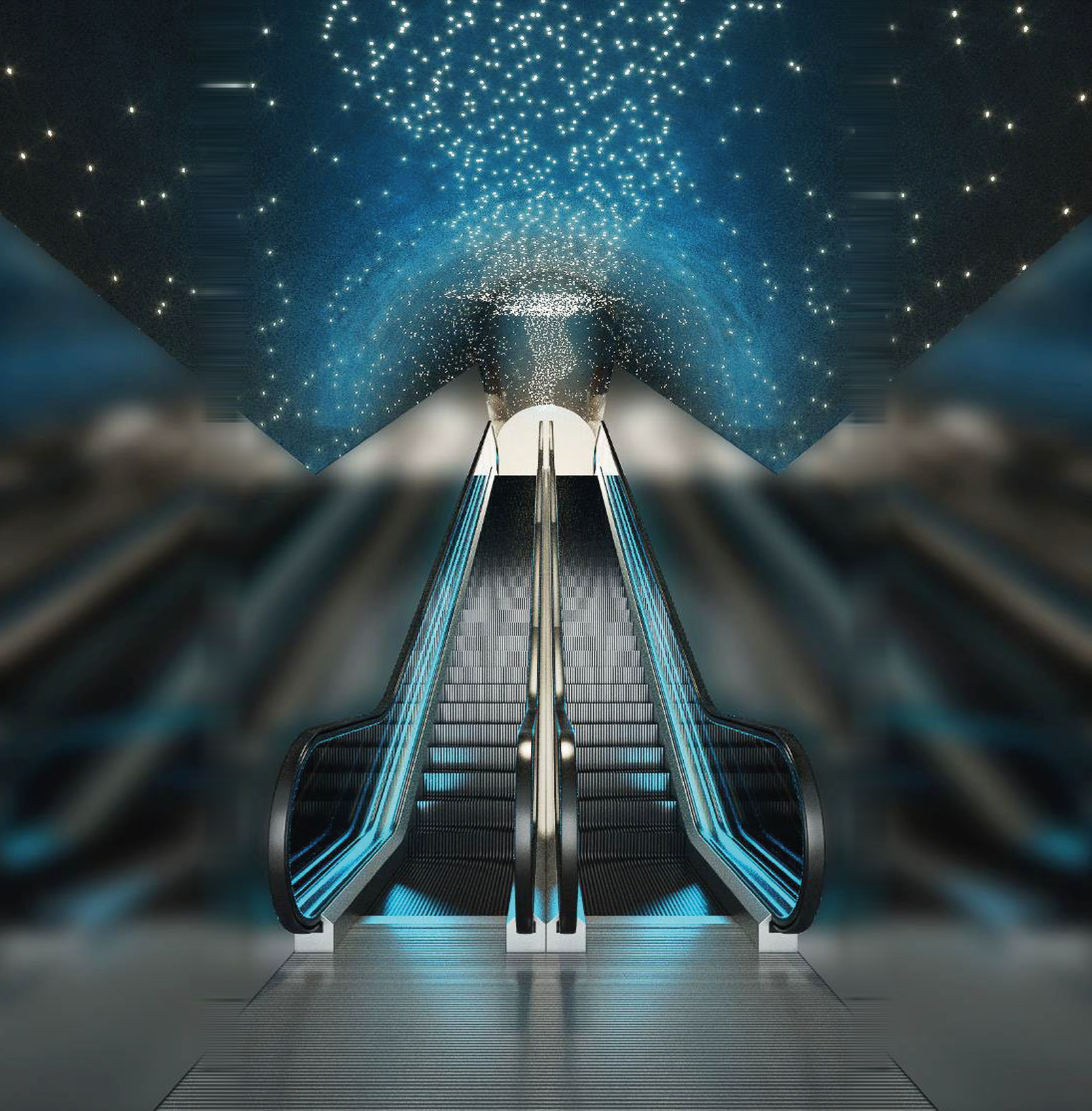 Escalator passage under a blue night-sky media wall