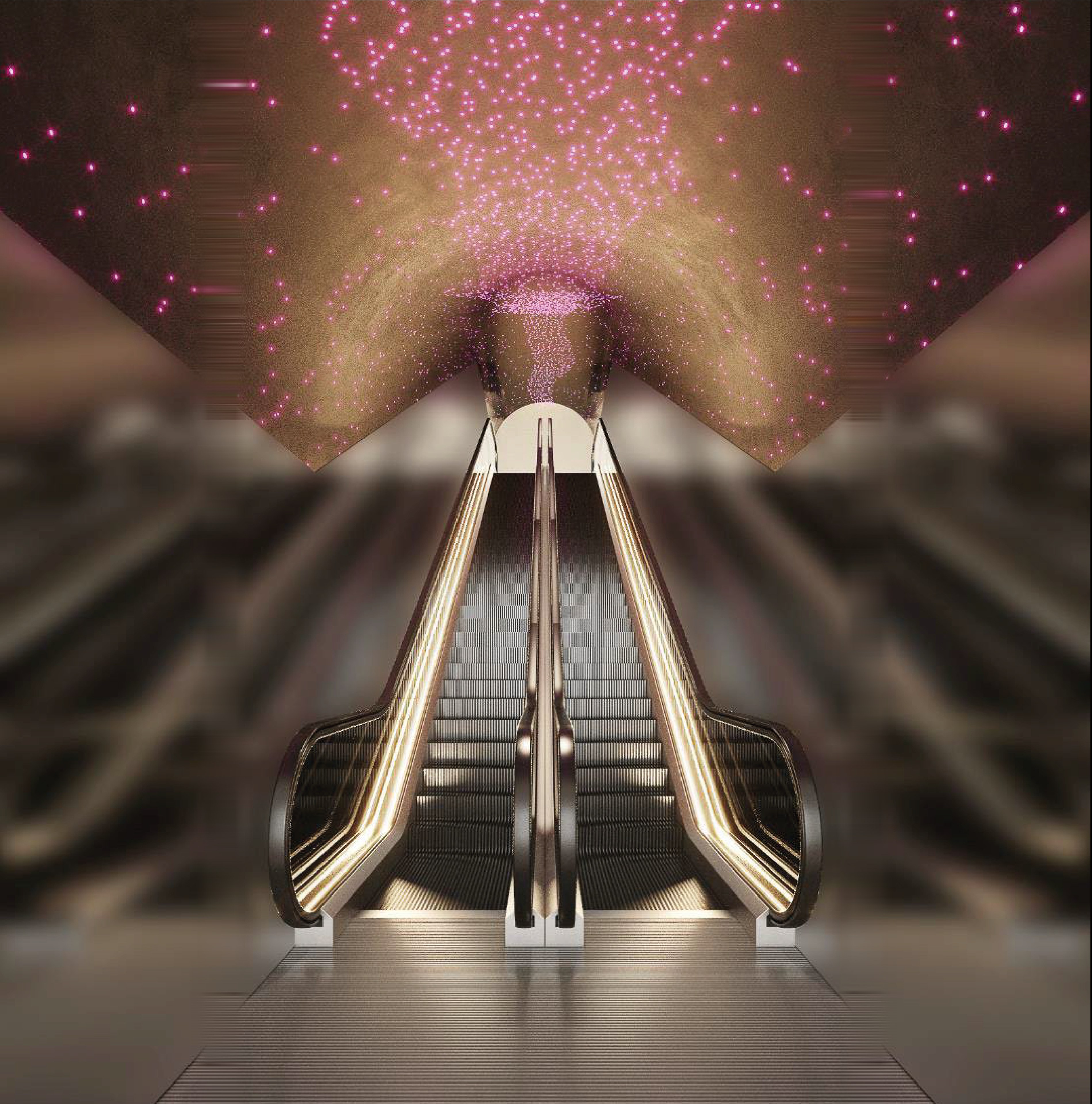 Escalator passage under a gold and pink media wall