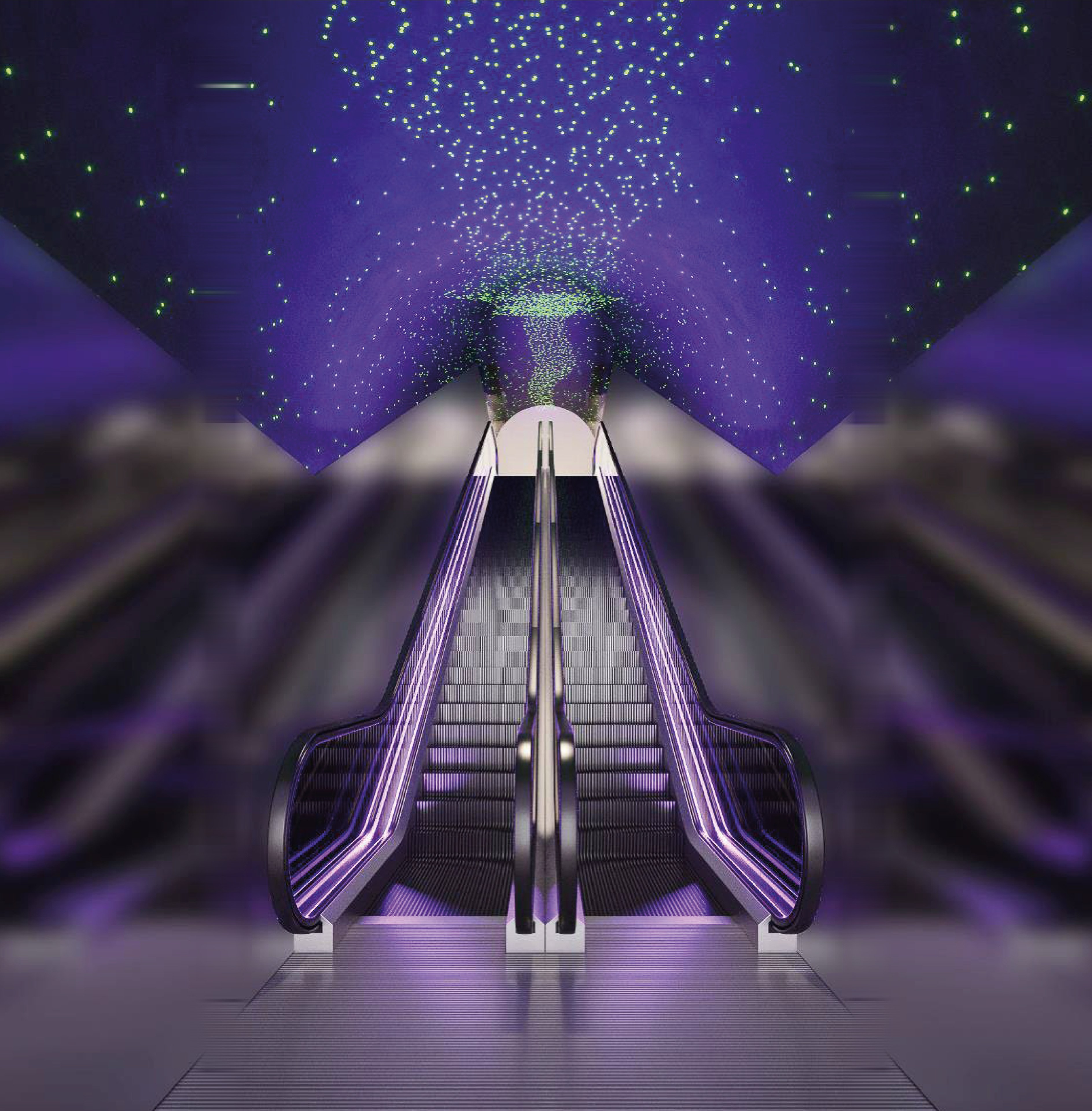 Escalator passage under a violet and green media wall