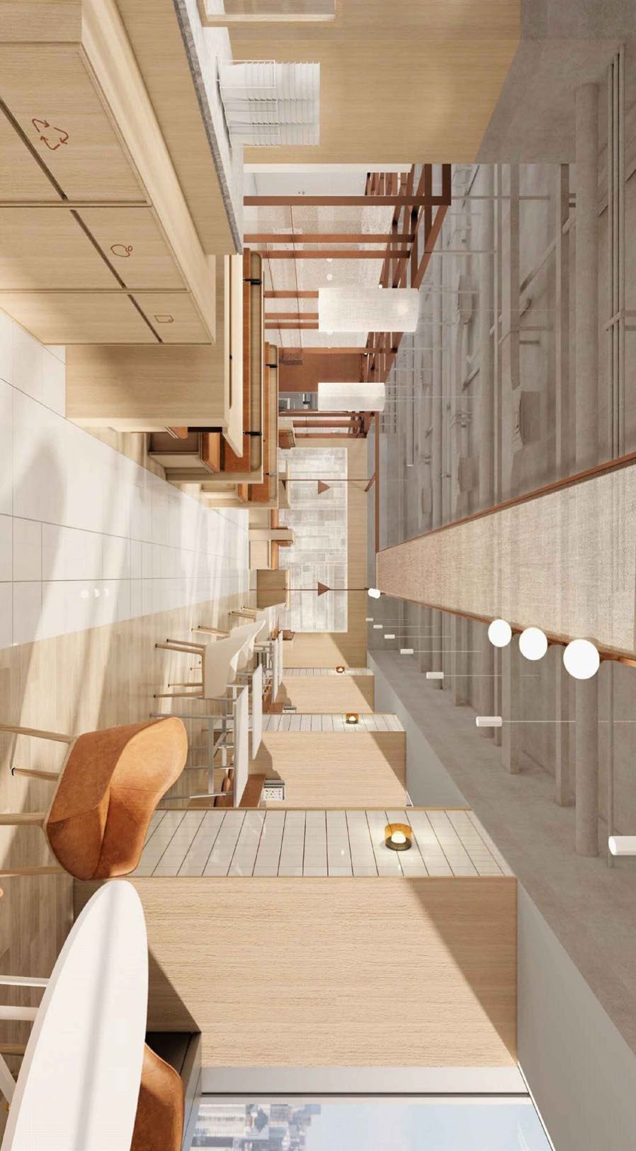 Corridor with round pendant lighting and wood slat wall