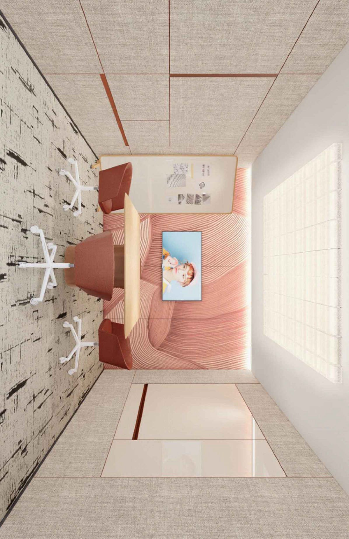 Phone booth nook with coral accent panel