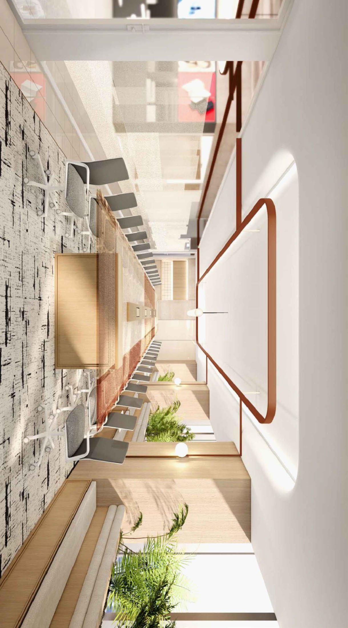Corridor with wood beam ceiling and planting