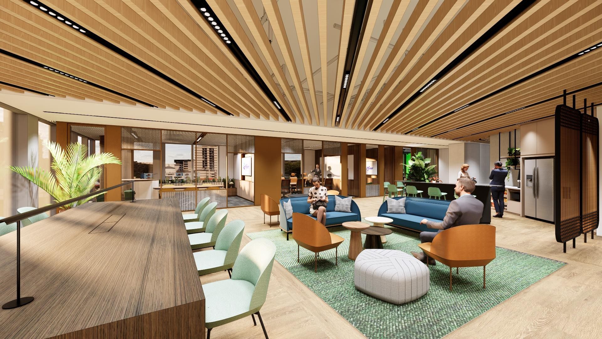 Work caf&eacute; and lounge with wood slat ceiling