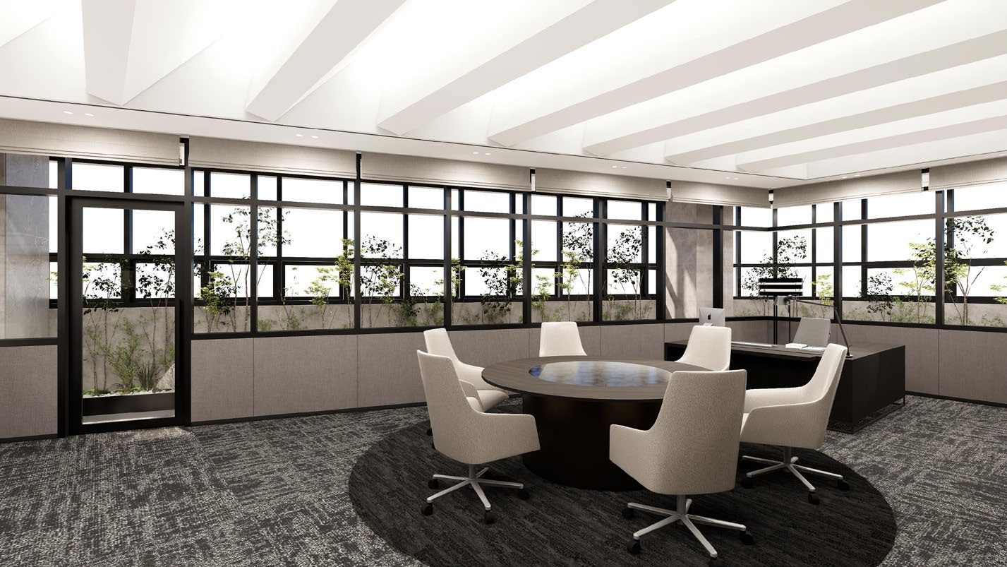 Meeting room with oval conference table