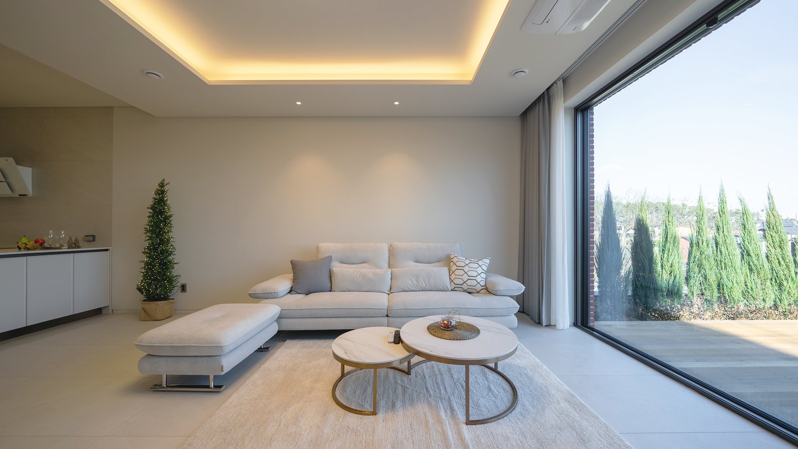 Living room with sofa and ottoman on a gray rug, glass door opening to a garden with conical pine trees