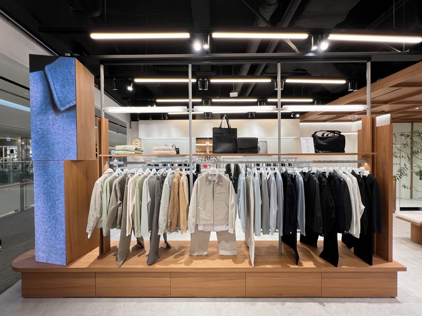 Clothing display on wood fixtures